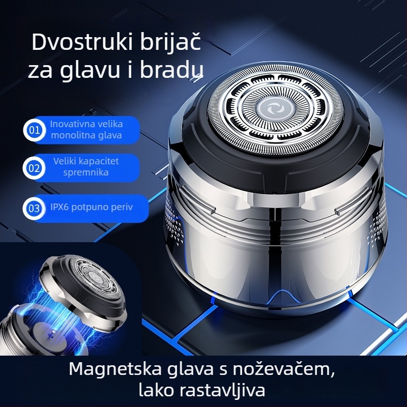 Električni brijač za glavu s rotacijskom glavom, plutajući oštrica, mokro i suho korištenje, USB punjenje, trajanje baterije preko 60 minuta