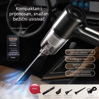 Ručni bežični usisavač za auto – multifunkcionalan, usisavanje i ispuhivanje; max. snaga 35W, napon 3.7V, punjenje, oko 5 minuta rada, HEPA filtracija