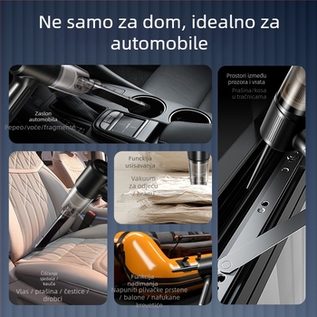 Ručni bežični usisavač za auto – multifunkcionalan, usisavanje i ispuhivanje; max. snaga 35W, napon 3.7V, punjenje, oko 5 minuta rada, HEPA filtracija