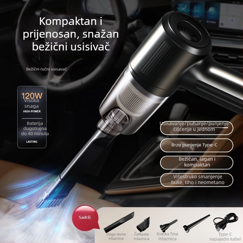 Ručni bežični usisavač za auto – multifunkcionalan, usisavanje i ispuhivanje; max. snaga 35W, napon 3.7V, punjenje, oko 5 minuta rada, HEPA filtracija