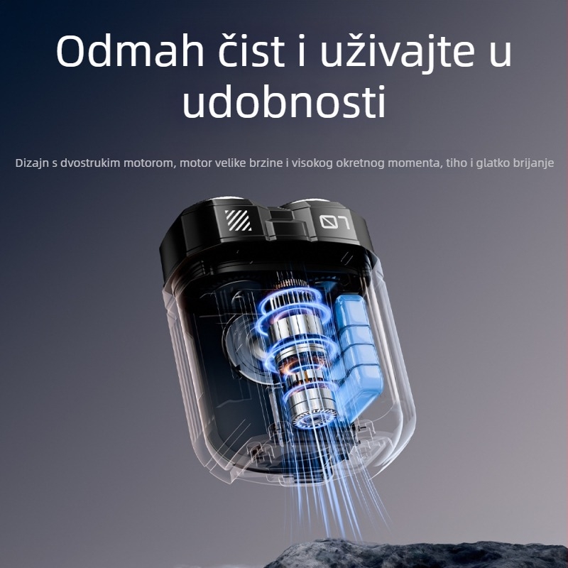 Muška električna britva, 2026. novi model, rotirajuća glava s dvije oštrice, mokro/suho brijanje, USB punjenje, ugrađena baterija
