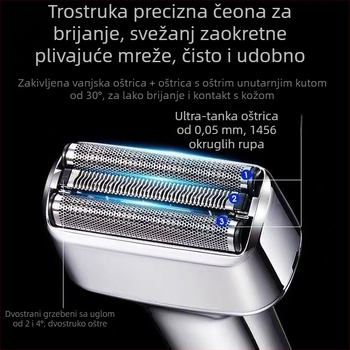 Sulang električna britva — 3-glava recipročna oštrica, plutajuća glava, ugrađena baterija 300–500 mAh, trajanje rada 40–60 minuta, punjiva