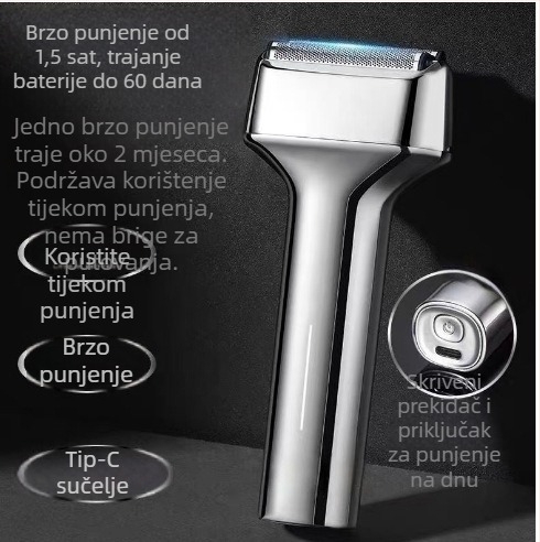 Sulang električna britva — 3-glava recipročna oštrica, plutajuća glava, ugrađena baterija 300–500 mAh, trajanje rada 40–60 minuta, punjiva