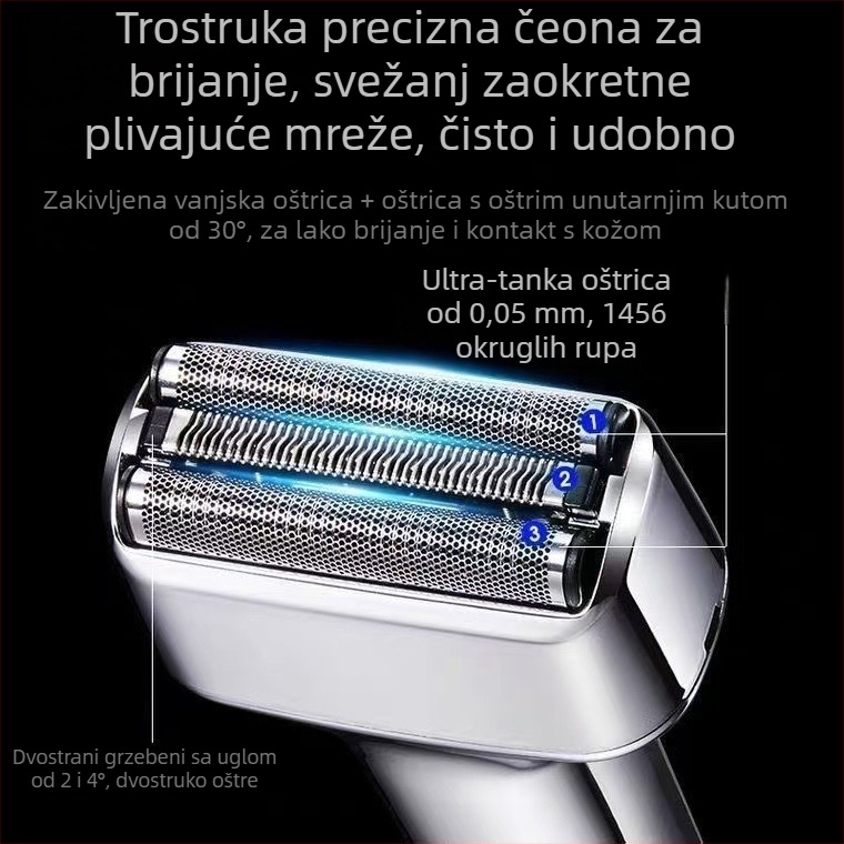 Sulang električna britva — 3-glava recipročna oštrica, plutajuća glava, ugrađena baterija 300–500 mAh, trajanje rada 40–60 minuta, punjiva