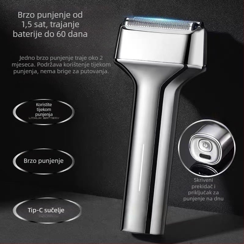 Sulang električna britva — 3-glava recipročna oštrica, plutajuća glava, ugrađena baterija 300–500 mAh, trajanje rada 40–60 minuta, punjiva