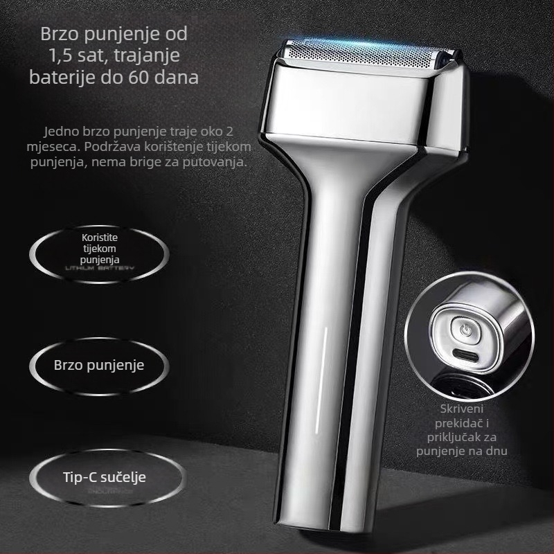 Sulang električna britva — 3-glava recipročna oštrica, plutajuća glava, ugrađena baterija 300–500 mAh, trajanje rada 40–60 minuta, punjiva