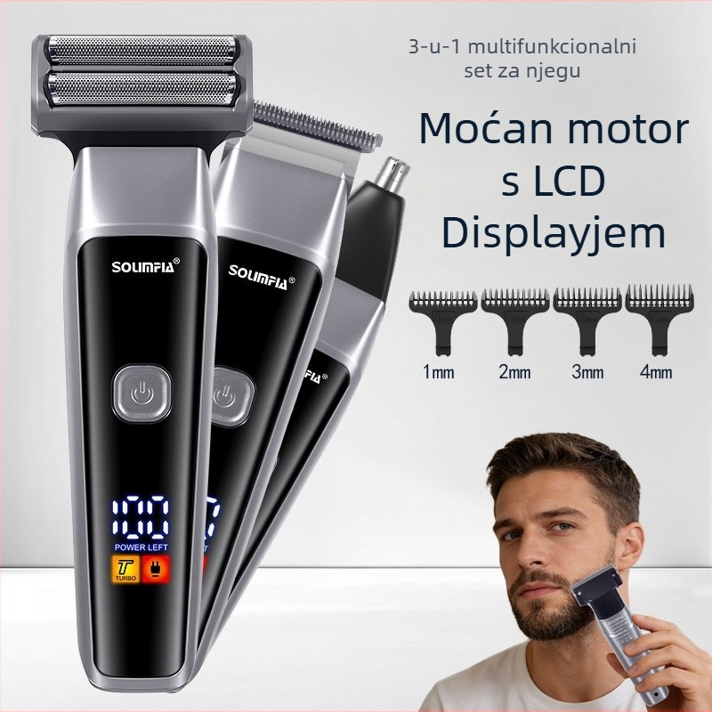 3-u-1 uređaj za bradu s LED zaslonom, USB punjenje, ugrađena baterija, odvojiva periva glava, 90 minuta rada