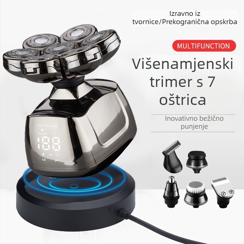 Bežični brijač s 7 glavama, USB punjenje – rotacijski brijač za šišanje kose i oblikovanje brade, mokro i suho korištenje