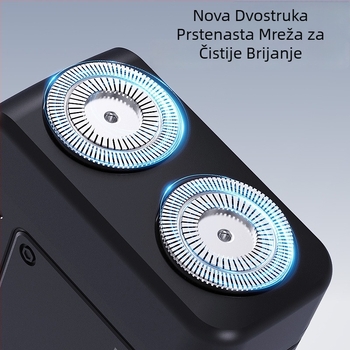 Električni brijač s rotary glavom od dvije oštrice; ugrađena baterija 300-500 mAh; USB napajanje; mokro i suho brijanje; periva glava