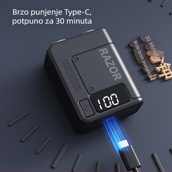 Električni brijač s rotary glavom od dvije oštrice; ugrađena baterija 300-500 mAh; USB napajanje; mokro i suho brijanje; periva glava