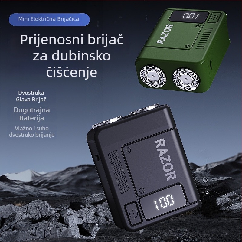 Električni brijač s rotary glavom od dvije oštrice; ugrađena baterija 300-500 mAh; USB napajanje; mokro i suho brijanje; periva glava