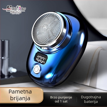 Električni brijač s rotirajućom glavom od 3 oštrice, LED zaslon, uklonjiva i periva glava za brijanje, ugrađena baterija 100–300 mAh.