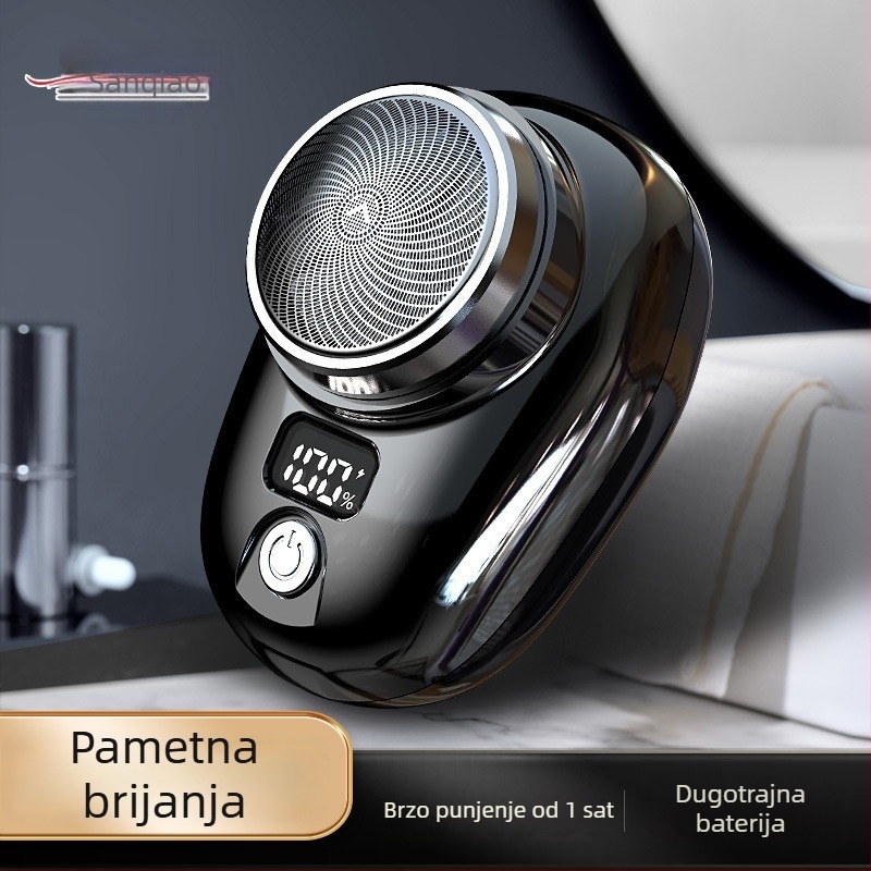 Električni brijač s rotirajućom glavom od 3 oštrice, LED zaslon, uklonjiva i periva glava za brijanje, ugrađena baterija 100–300 mAh.