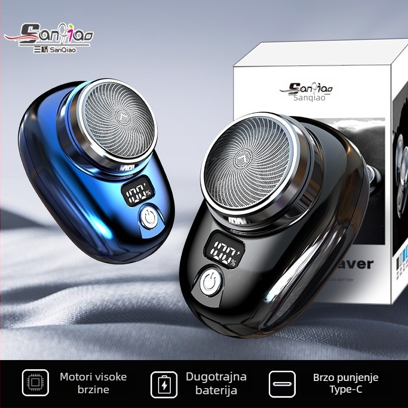 Električni brijač s rotirajućom glavom od 3 oštrice, LED zaslon, uklonjiva i periva glava za brijanje, ugrađena baterija 100–300 mAh.