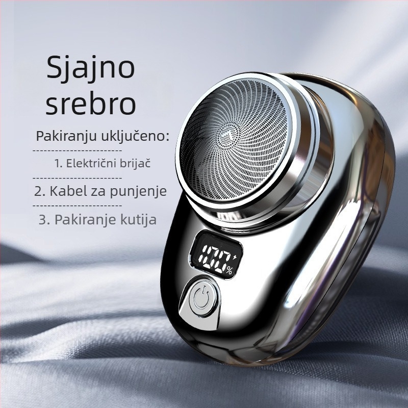 Električni brijač s rotirajućom glavom od 3 oštrice, LED zaslon, uklonjiva i periva glava za brijanje, ugrađena baterija 100–300 mAh.