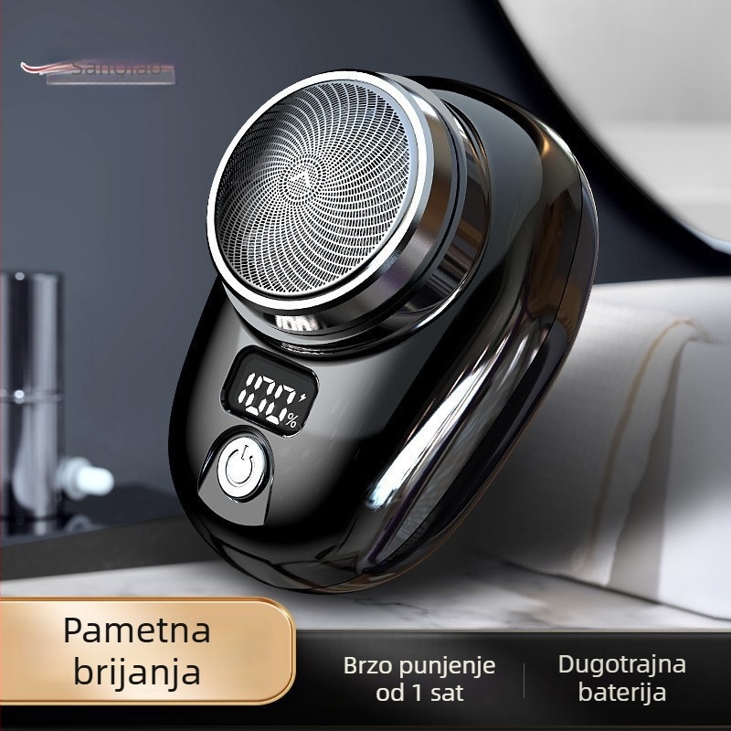 Električni brijač s rotirajućom glavom od 3 oštrice, LED zaslon, uklonjiva i periva glava za brijanje, ugrađena baterija 100–300 mAh.