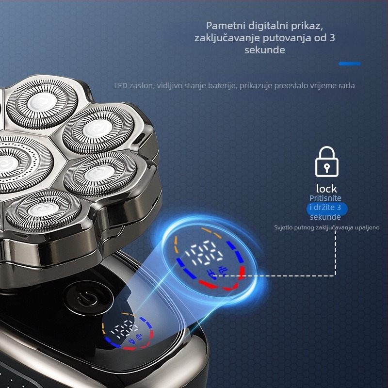 Električni rotacijski brijač, vodootporan za cijelo tijelo, LED zaslon, ugrađena baterija 500–800 mAh, model YK313-9, 4+ rotirajuće glave
