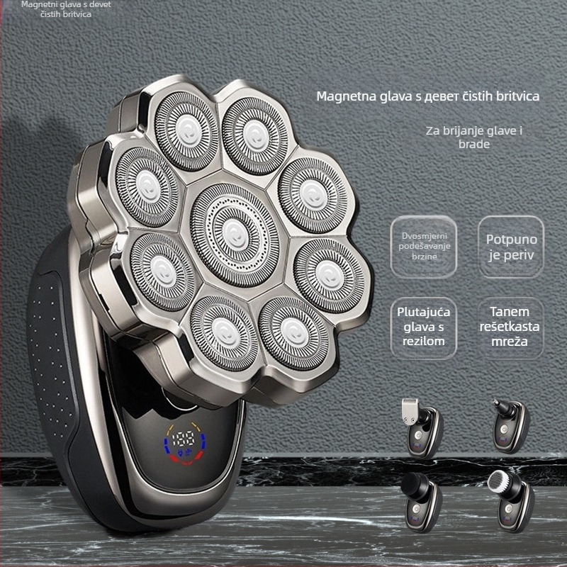 Električni rotacijski brijač, vodootporan za cijelo tijelo, LED zaslon, ugrađena baterija 500–800 mAh, model YK313-9, 4+ rotirajuće glave