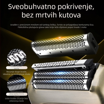 Električni brijač s četiri glave, kretanje naprijed-natrag, potpuno vodootporan za cijelo tijelo, LED zaslon, ugrađena baterija 1000–1200 mAh, autonomija više od 60 minuta