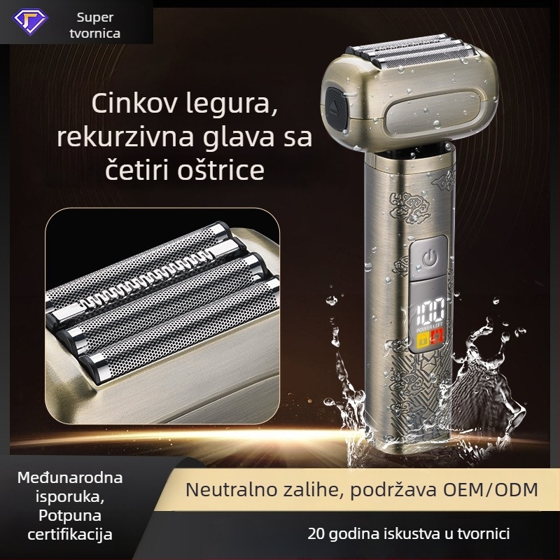 Električni brijač s četiri glave, kretanje naprijed-natrag, potpuno vodootporan za cijelo tijelo, LED zaslon, ugrađena baterija 1000–1200 mAh, autonomija više od 60 minuta