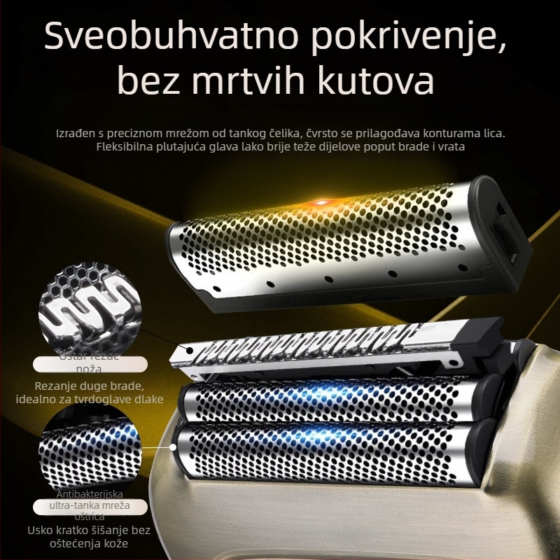 Električni brijač s četiri glave, kretanje naprijed-natrag, potpuno vodootporan za cijelo tijelo, LED zaslon, ugrađena baterija 1000–1200 mAh, autonomija više od 60 minuta