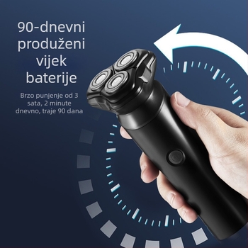 Električni brijač s trostrukom rotirajućom glavom, plutajuća glava za brijanje, mokro i suho brijanje, ugrađena punjiva baterija (45–60 min), vrijeme punjenja 4 sata.