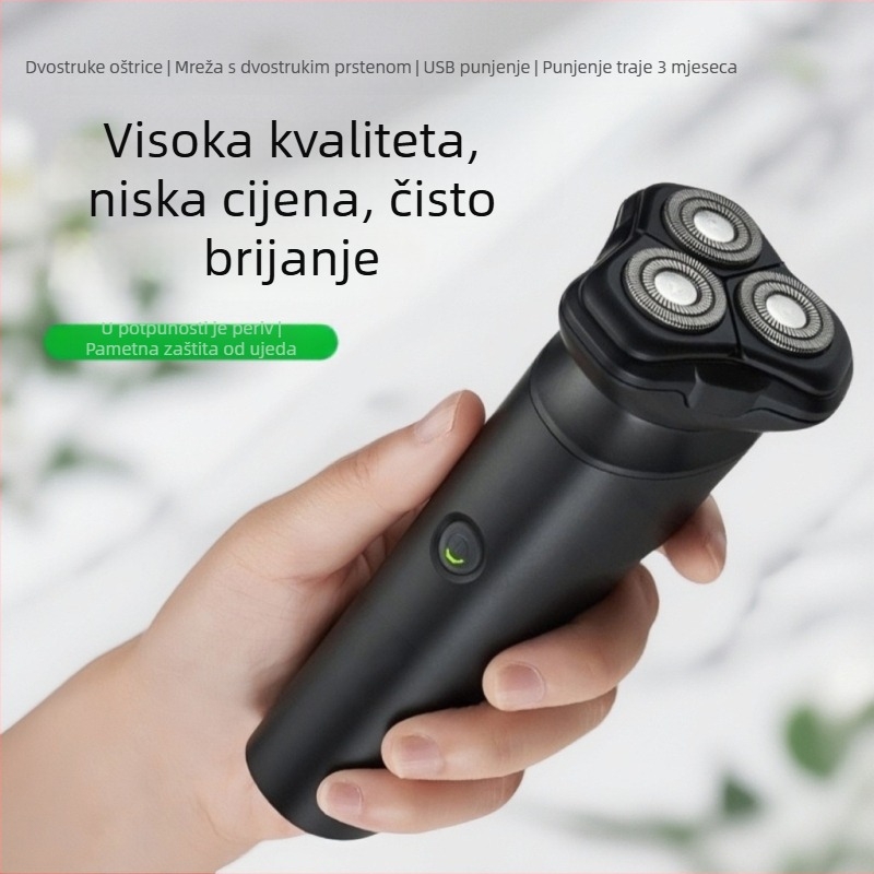 Električni brijač s trostrukom rotirajućom glavom, plutajuća glava za brijanje, mokro i suho brijanje, ugrađena punjiva baterija (45–60 min), vrijeme punjenja 4 sata.