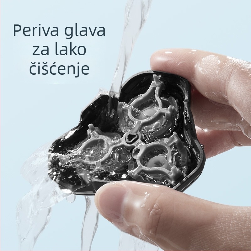 Električni brijač s trostrukom rotirajućom glavom, plutajuća glava za brijanje, mokro i suho brijanje, ugrađena punjiva baterija (45–60 min), vrijeme punjenja 4 sata.