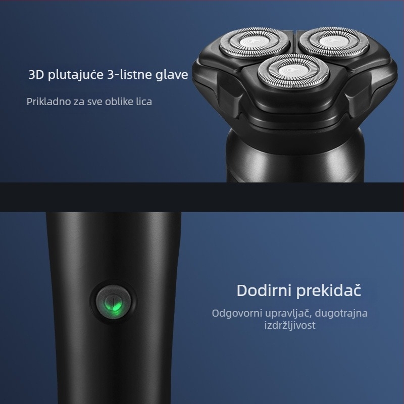 Električni brijač s trostrukom rotirajućom glavom, plutajuća glava za brijanje, mokro i suho brijanje, ugrađena punjiva baterija (45–60 min), vrijeme punjenja 4 sata.