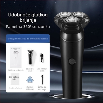 Električni brijač s rotirajućom glavom od 3 oštrice, plutajuća rezna glava, odvojiva i periva glava, ugrađena baterija 100–300 mAh, punjivi, trajanje 45–60 minuta