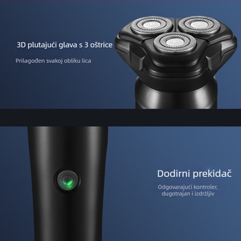 Električni brijač s rotirajućom glavom od 3 oštrice, plutajuća rezna glava, odvojiva i periva glava, ugrađena baterija 100–300 mAh, punjivi, trajanje 45–60 minuta
