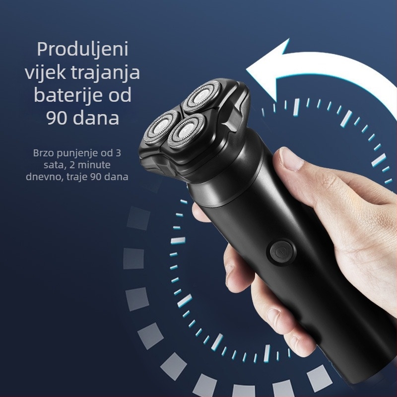 Električni brijač s rotirajućom glavom od 3 oštrice, plutajuća rezna glava, odvojiva i periva glava, ugrađena baterija 100–300 mAh, punjivi, trajanje 45–60 minuta
