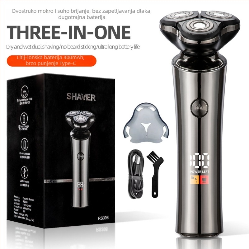 Električni brijač s rotirajućom glavom od 3 oštrice, plutajuća rezna glava, odvojiva i periva glava, ugrađena baterija 100–300 mAh, punjivi, trajanje 45–60 minuta