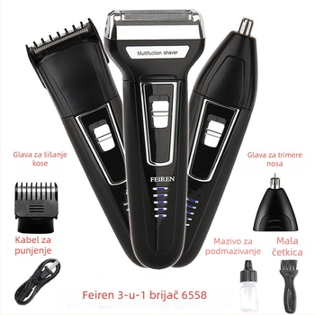 Flying Man 3-u-1 električni brijač s trimerom za nos, glavom s dvostrukim noževima, model 6558