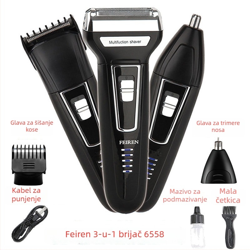 Flying Man 3-u-1 električni brijač s trimerom za nos, glavom s dvostrukim noževima, model 6558