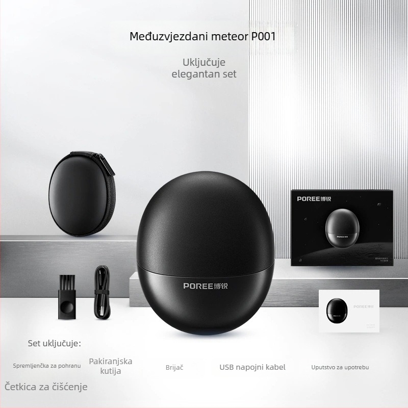 Električni brijač Poree/Borui – rotirajuća glava s dvjema oštricom, bezčetkasti motor, ugrađena baterija, AC napajanje, buka 36–45 dB