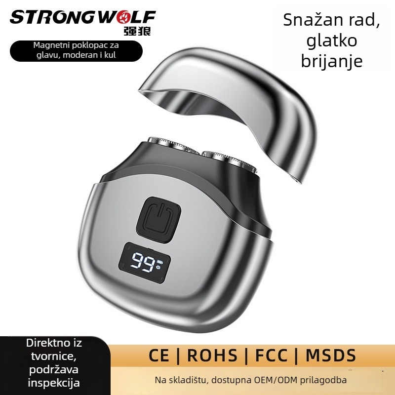 Strong Wolf električni brijač s rotirajućom glavom s dvostrukim oštricama, plutajuća glava, digitalni zaslon, Type-C brzo punjenje, zamjenjiva i periva oštrica