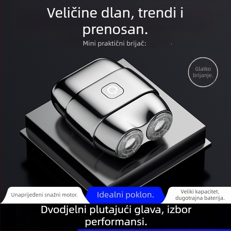Električni brijač s dvostrukom glavom, vodootporan i potpuno periv, suho i mokro brijanje, ugrađena baterija, punjenje 1 sat, trajanje 45-60 min