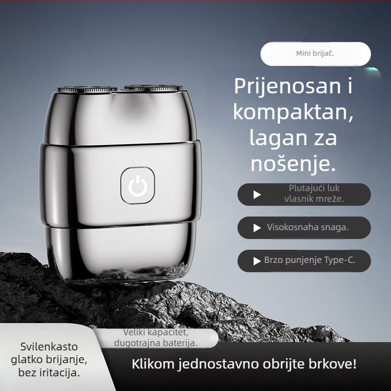 Električni brijač s dvostrukom glavom, vodootporan i potpuno periv, suho i mokro brijanje, ugrađena baterija, punjenje 1 sat, trajanje 45-60 min