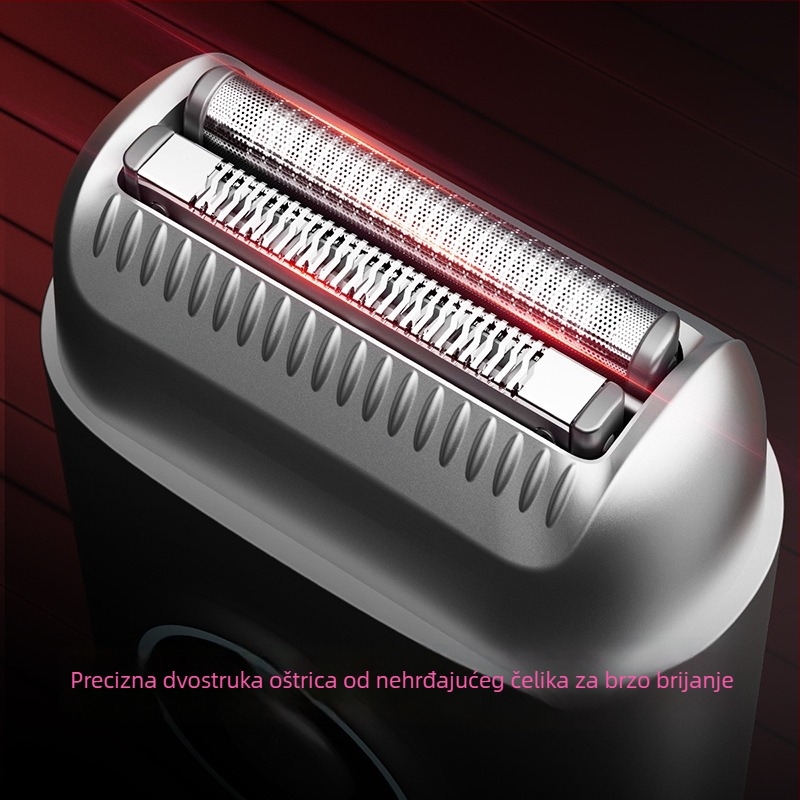 Električni muški brijač s dvostrukim pokretnim glavama, potpuno perivi sustav za čišćenje, ugrađena baterija 500–800 mAh, vrijeme punjenja 2 sata, trajanje baterije oko 30 dana