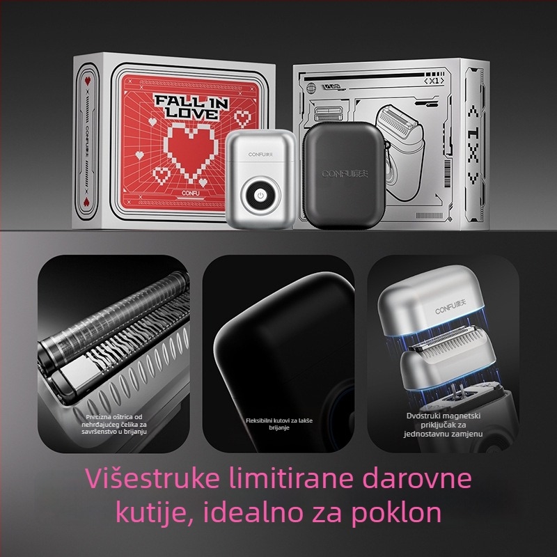 Električni muški brijač s dvostrukim pokretnim glavama, potpuno perivi sustav za čišćenje, ugrađena baterija 500–800 mAh, vrijeme punjenja 2 sata, trajanje baterije oko 30 dana