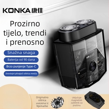 Konka električni brijač s LED zaslonom, proziran prijenosni dizajn, rotirajuća glava s dvije oštrice, plutajuća glava, ugrađena baterija