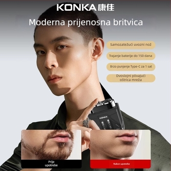 Konka električni brijač s LED zaslonom, proziran prijenosni dizajn, rotirajuća glava s dvije oštrice, plutajuća glava, ugrađena baterija