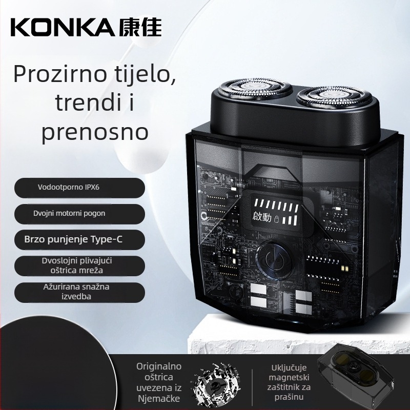 Konka električni brijač s LED zaslonom, proziran prijenosni dizajn, rotirajuća glava s dvije oštrice, plutajuća glava, ugrađena baterija