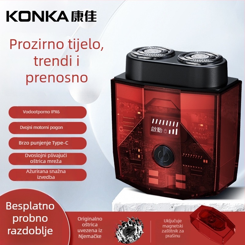 Konka električni brijač s LED zaslonom, proziran prijenosni dizajn, rotirajuća glava s dvije oštrice, plutajuća glava, ugrađena baterija