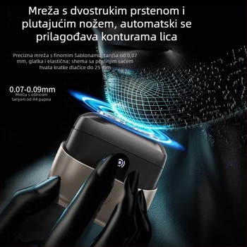 Električni brijač s mogućnošću pranja cijelog tijela, rotacijska glava s dvostrukim oštricama, brushless motor, ugrađena baterija 1000–1200 mAh, trajanje 15–30 minuta