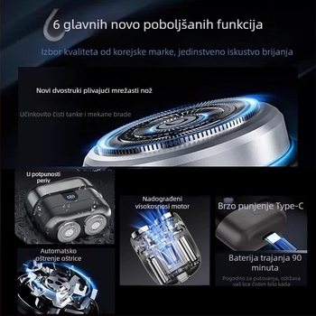 Električni brijač s mogućnošću pranja cijelog tijela, rotacijska glava s dvostrukim oštricama, brushless motor, ugrađena baterija 1000–1200 mAh, trajanje 15–30 minuta