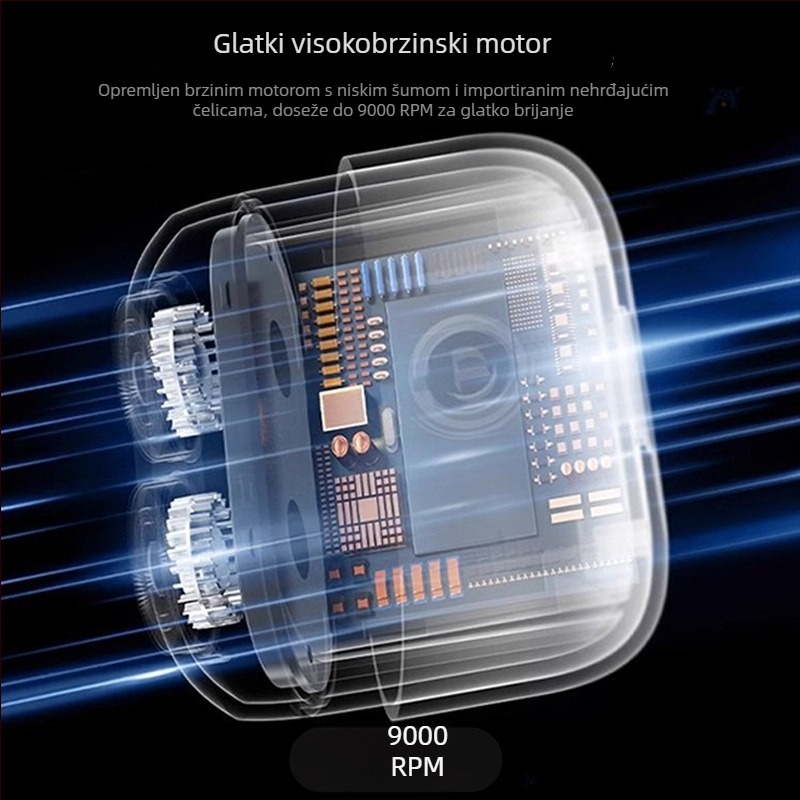 Električni brijač s mogućnošću pranja cijelog tijela, rotacijska glava s dvostrukim oštricama, brushless motor, ugrađena baterija 1000–1200 mAh, trajanje 15–30 minuta