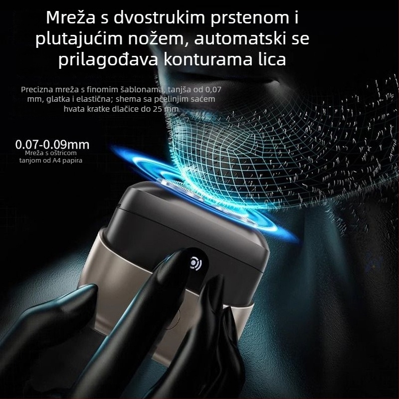 Električni brijač s mogućnošću pranja cijelog tijela, rotacijska glava s dvostrukim oštricama, brushless motor, ugrađena baterija 1000–1200 mAh, trajanje 15–30 minuta