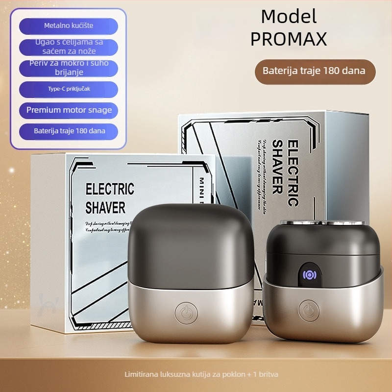 Električni brijač s mogućnošću pranja cijelog tijela, rotacijska glava s dvostrukim oštricama, brushless motor, ugrađena baterija 1000–1200 mAh, trajanje 15–30 minuta